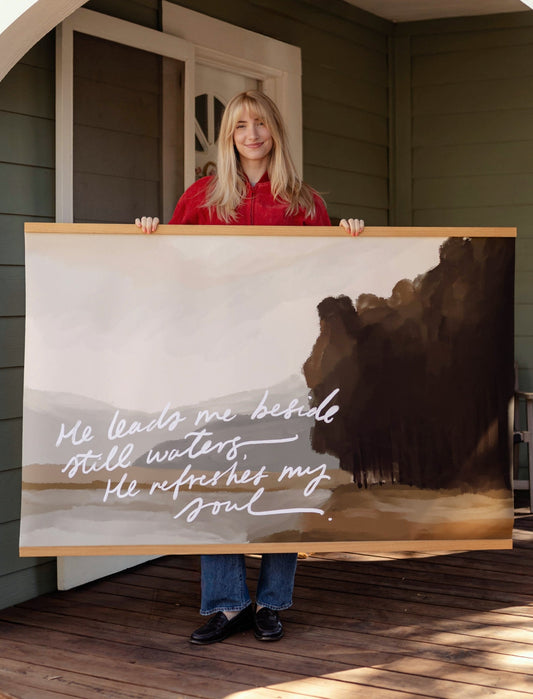 Large Canvas with Banner Wood: He leads me besides still waters
