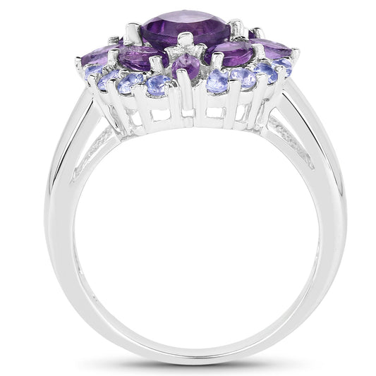 2.19 Carat Genuine Amethyst and Tanzanite .925 Sterling Silver Ring