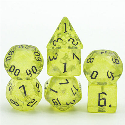 Yellow Glitter Party Glitter Dice (Silver font) 7-Dice Set RPG DND