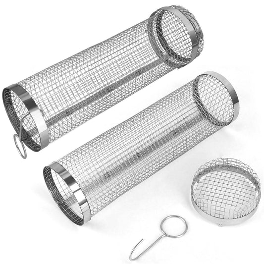2-Piece: Portable BBQ Rolling Basket Round Stainless Steel Grill Otarealm