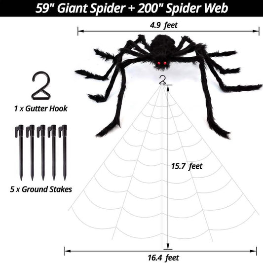 200" Halloween Spider Web and 59" Giant Spider Decoration Otarealm