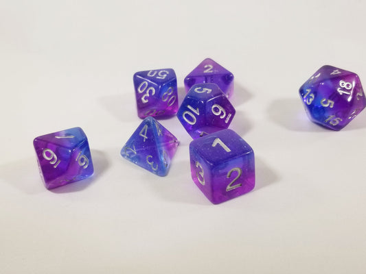 Purple & Blue Translucent Glitter Aurora Poly Dice Set (7) New Silver Numbers RPG DnD