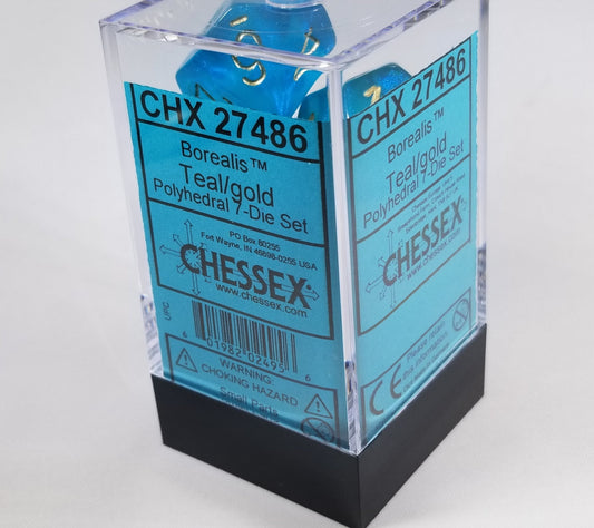 Polyhedral 7-Die Borealis Teal w/ Gold Numbers Chessex | OOP New Glitter