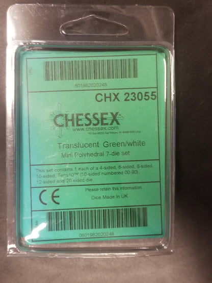 Chessex Translucent Green w/ White Mini Polyhedral 7-die Set CHX 23055 OOP