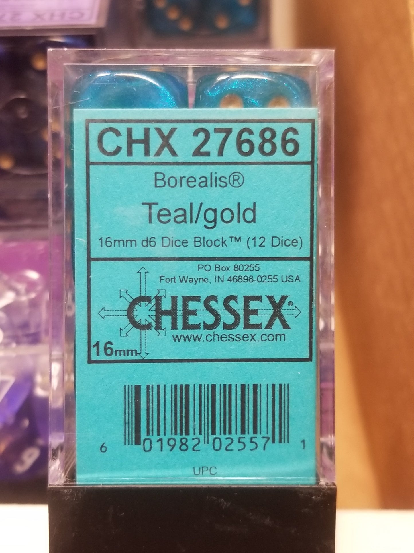 CHX 27686 16mm Block Borealis Teal w/ Gold Pips Dice Set | OOP New Glitter