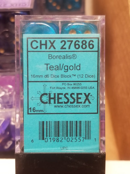 CHX 27686 16mm Block Borealis Teal w/ Gold Pips Dice Set | OOP New Glitter
