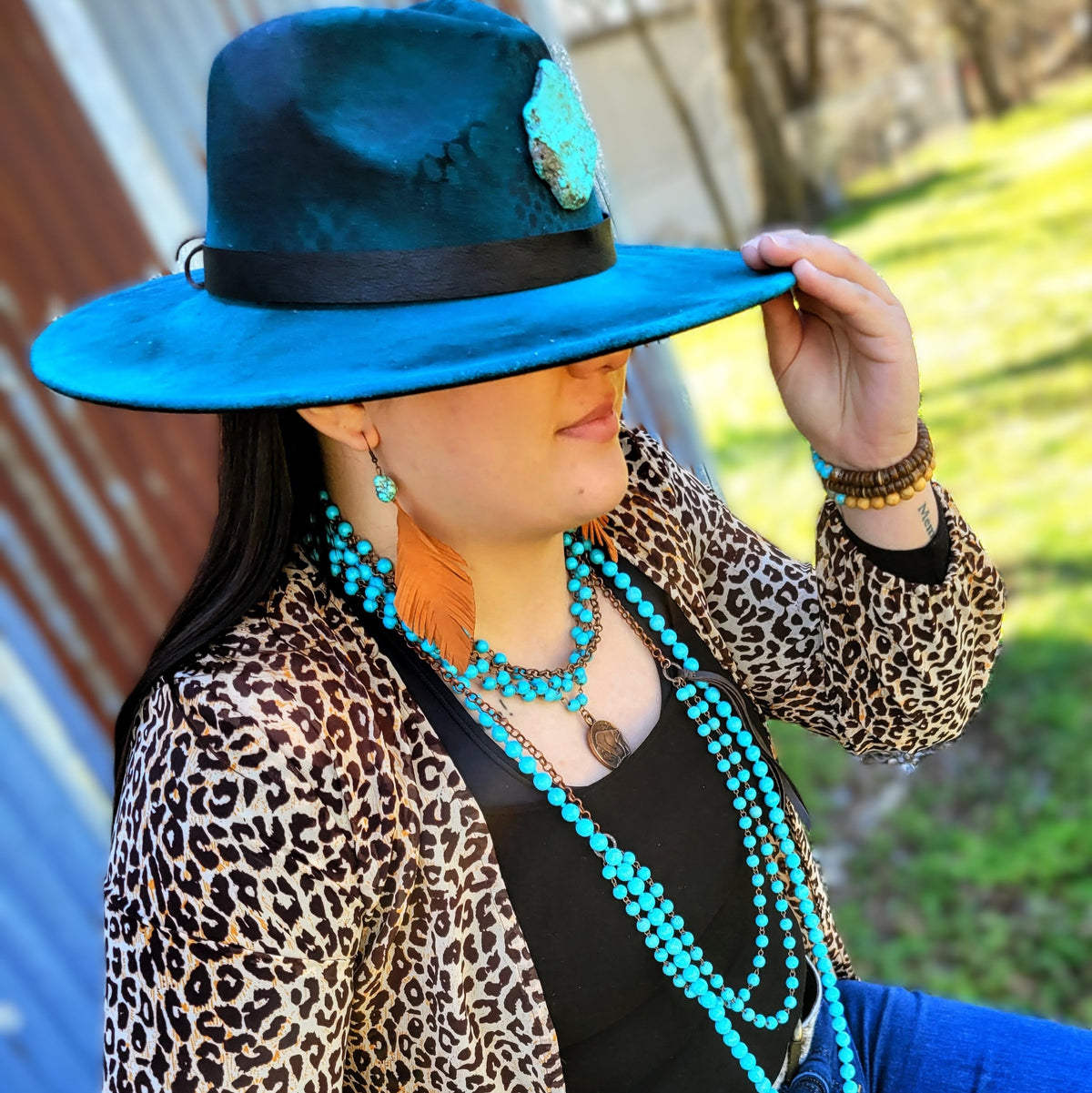 Blue Turquoise Collar-Length Necklace w/ Indian Buffalo Coin 114E