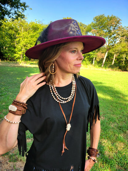 Leather Lariat Boho Necklace w/ White Turquoise Slab 264h