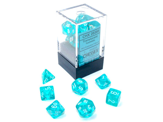 Translucent Mini-Polyhedral Teal/white 7-Die Set (Mini Poly Release 1)
