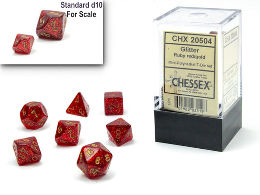 Glitter Mini-Polyhedral Ruby Red/gold 7-Die Set (Mini Poly Release 1)