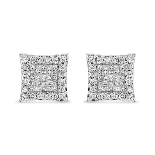 18K White Gold 1.00 Cttw Round and Princess-Cut Diamond Halo Square Stud Earring (G-H Color, SI1-SI2 Clarity)