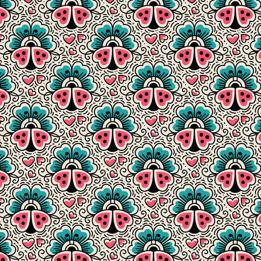 Ladybugs and Flowers Love Ink 3387 Cotton 44/45 Fabric Per Yard