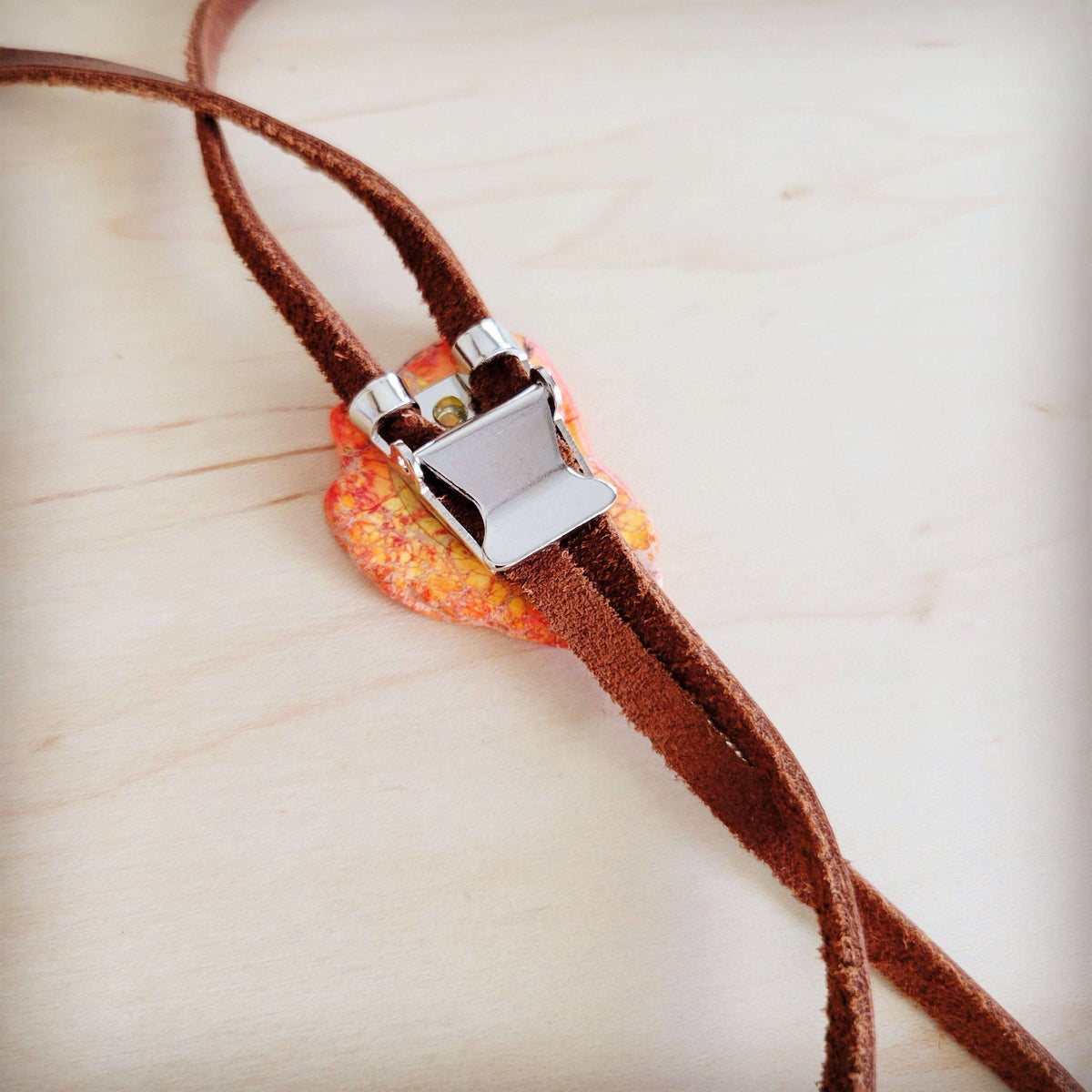 Leather Lariat Boho Necklace w/ Orange Regalite Slab Accent 264g Otarealm