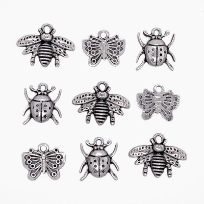 Antique Silver Bee, Butterfly and Lady Bug Charms 9pc Set