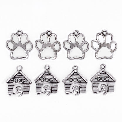 Silver Dog Paws and Houses 8pc Charm Set