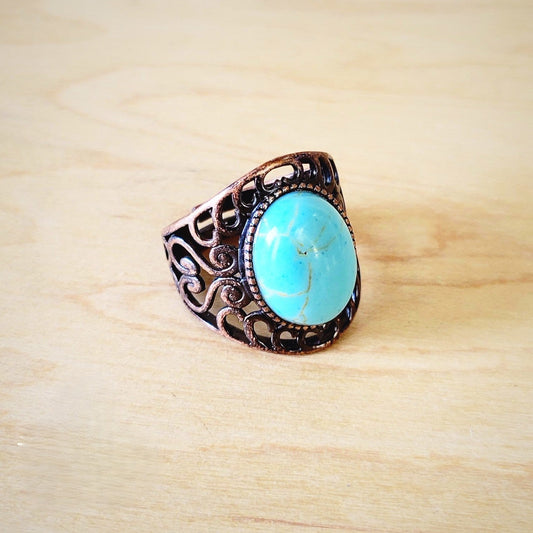 **Blue Turquoise Ring in Antique Copper Filigree Setting 012d