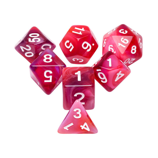 Red Clouds 7-Dice Set Pink/White w/White Numbers Dnd Dice Set