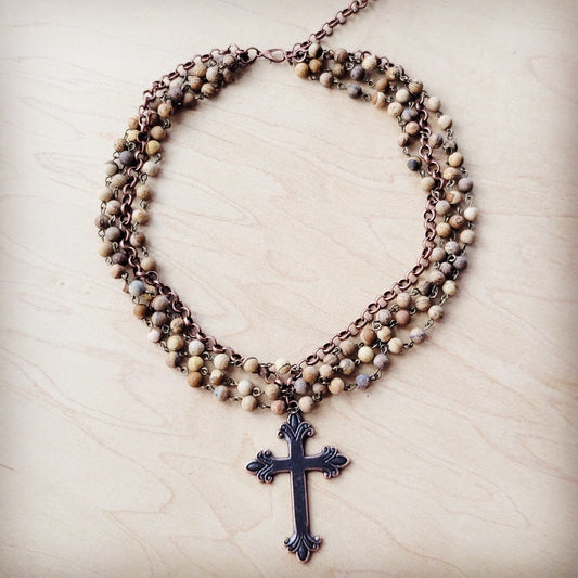 **Picture Jasper Beaded Collar Necklace w/ Cross Pendant 261b
