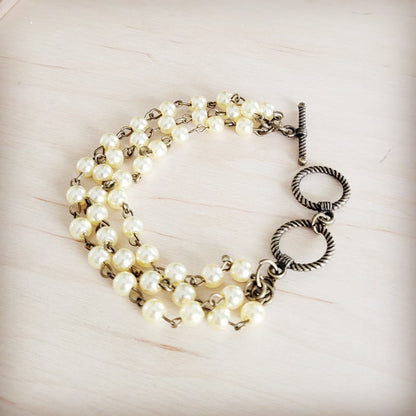 Champagne Pearl Triple Strand Beaded Bracelet 812a