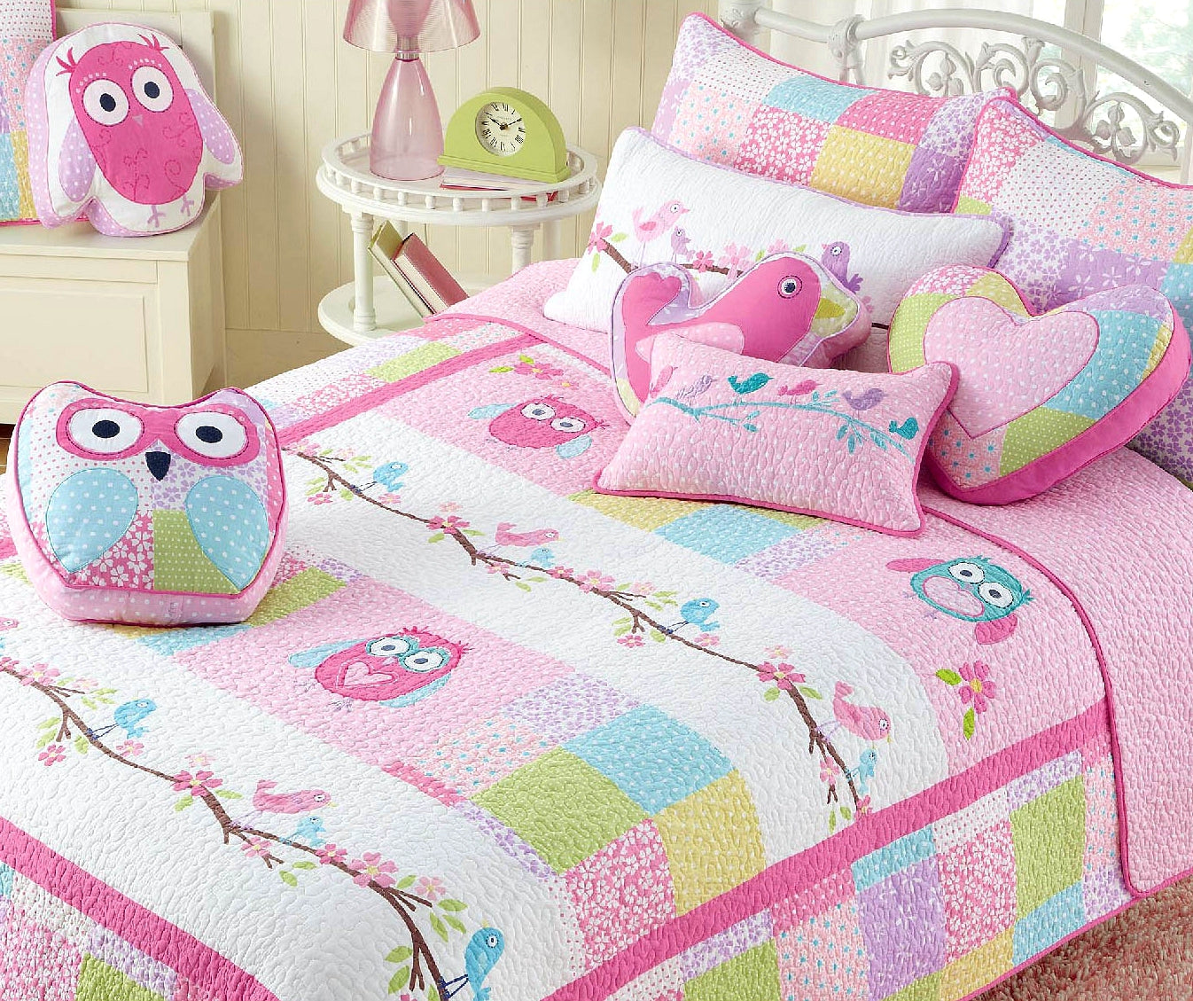 Pink Owl Patchwork Embroidered Novelty Decor Throw Pillow
