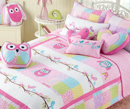 Pink Owl Patchwork Embroidered Novelty Decor Throw Pillow