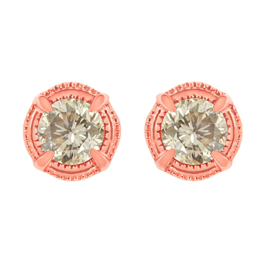 14K Yellow Gold Plated .925 Sterling Silver 1.0 Cttw Round Brilliant Cut Diamond Solitaire Milgrain Stud Earrings (K-L Color, I2-I3 Clarity)