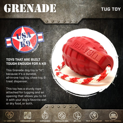 USA-K9 Grenade Shaped Rubber Dog Toy - Chew, Treat Dispenser & Tug Toy | USA - Army Green