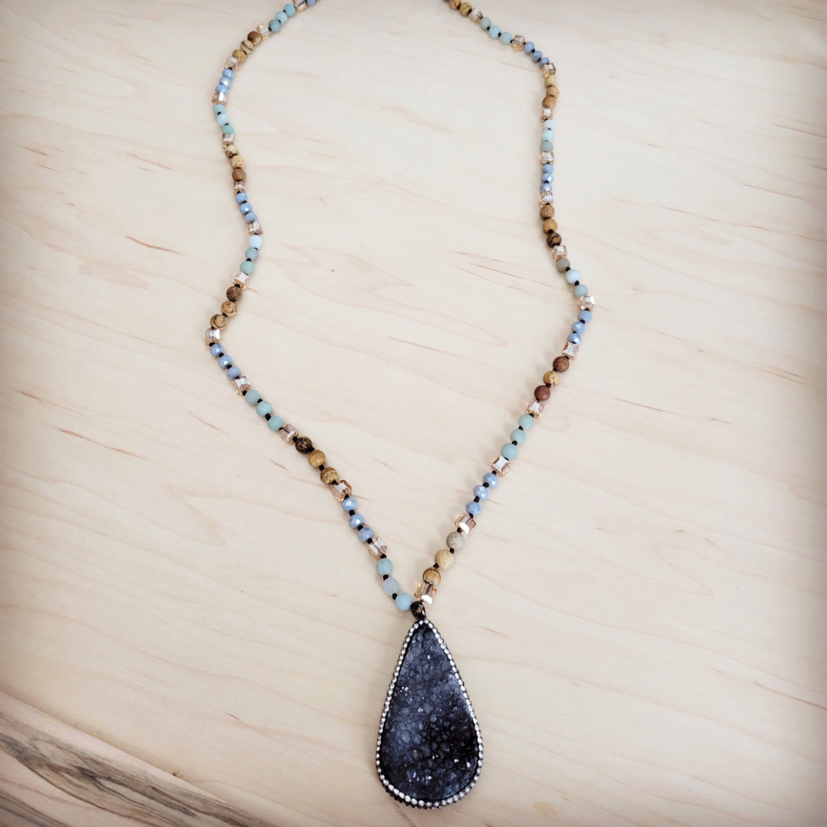 **Amazonite & Crystal Long Beaded Necklace w/ Druzy Pendant 262u