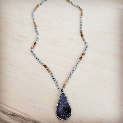 **Amazonite & Crystal Long Beaded Necklace w/ Druzy Pendant 262u