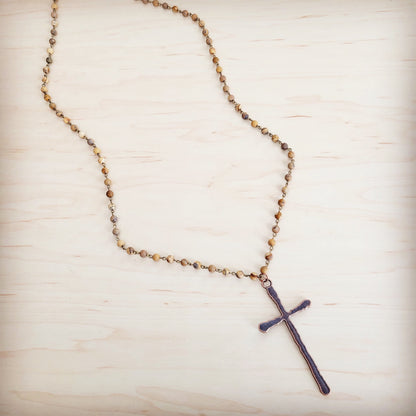 Genuine Picture Jasper Long Beaded Necklace with Antique Copper Cross 262w