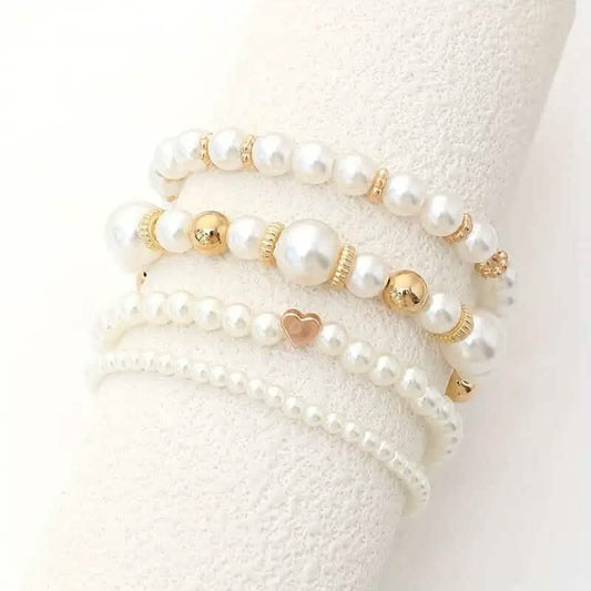 4-Pieces: Elegant White Faux Pearls Beaded Handmade Hand String Jewelry Set