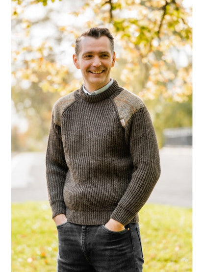 Gamekeeper Chunky Crew Neck Sweater with Harris Tweed Patches