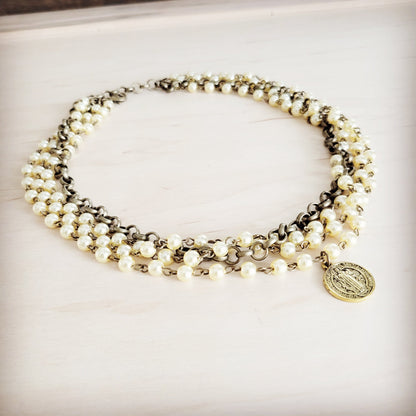 Champagne Pearl Beaded Collar Necklace w/ Pendant 263x