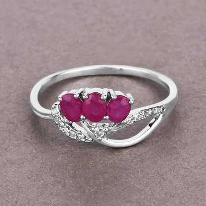 0.71 Carat Genuine Ruby and White Diamond 14K White Gold Ring