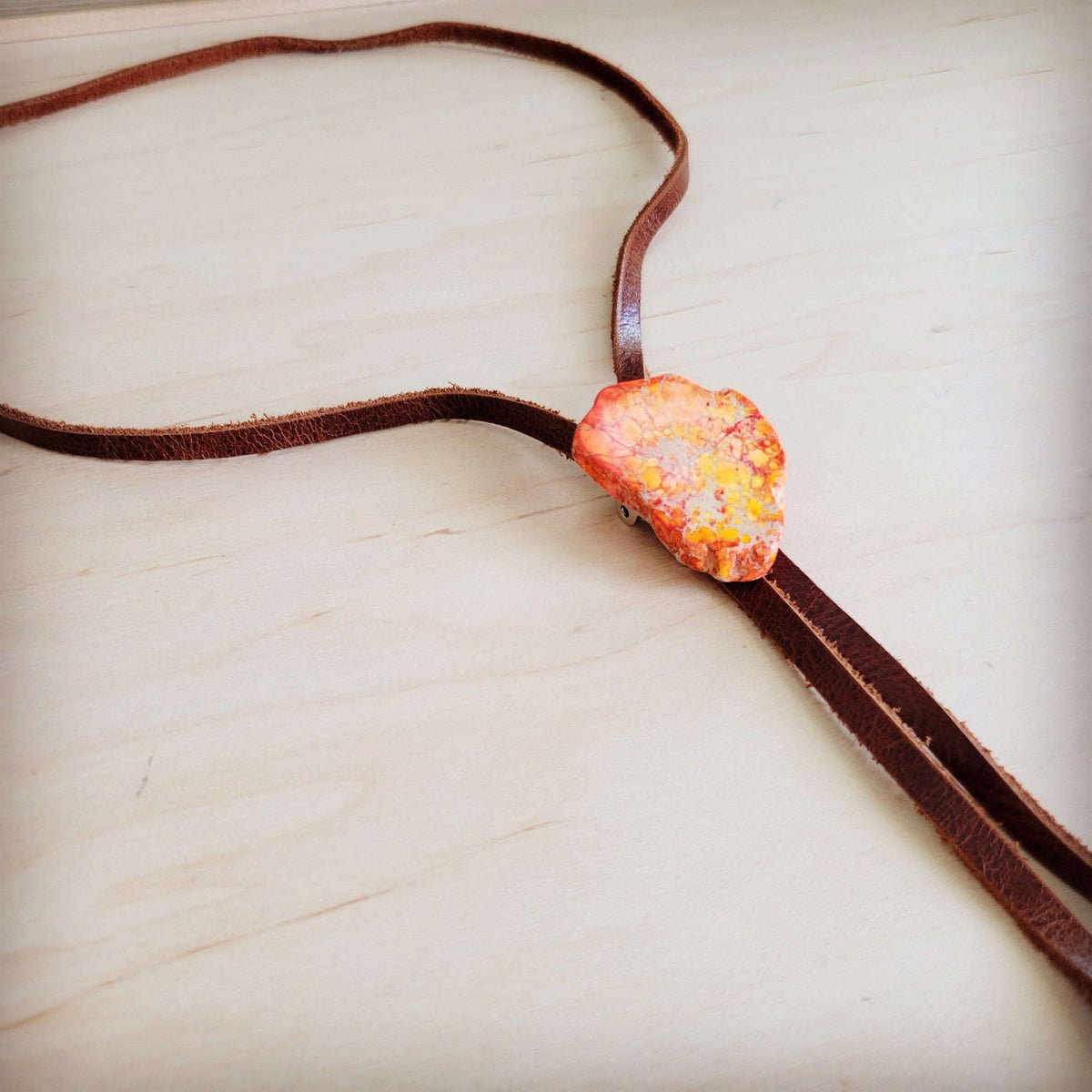 Leather Lariat Boho Necklace w/ Orange Regalite Slab Accent 264g Otarealm
