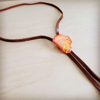 Leather Lariat Boho Necklace w/ Orange Regalite Slab Accent 264g Otarealm