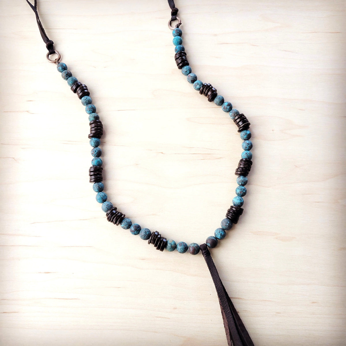 **Natural American Turquoise Necklace w/ Wood Beads & Tassel 262i