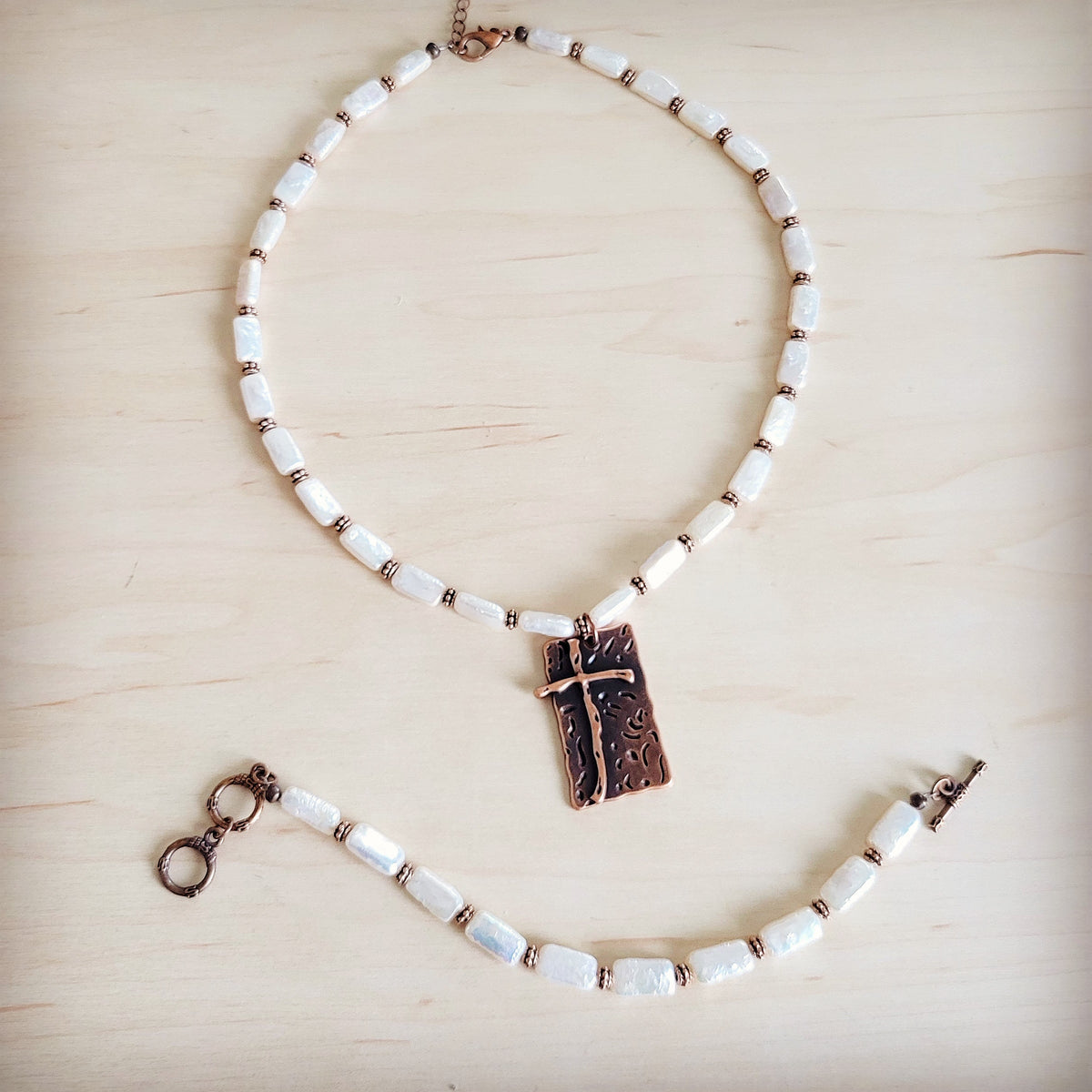 Genuine Rectangle Freshwater Pearl & Copper Bracelet 812c