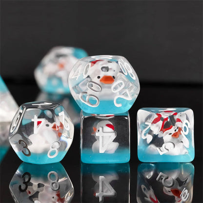 White Duck Red Hat on Blue 7-Dice Set w/White Numbers Dnd Dice Set