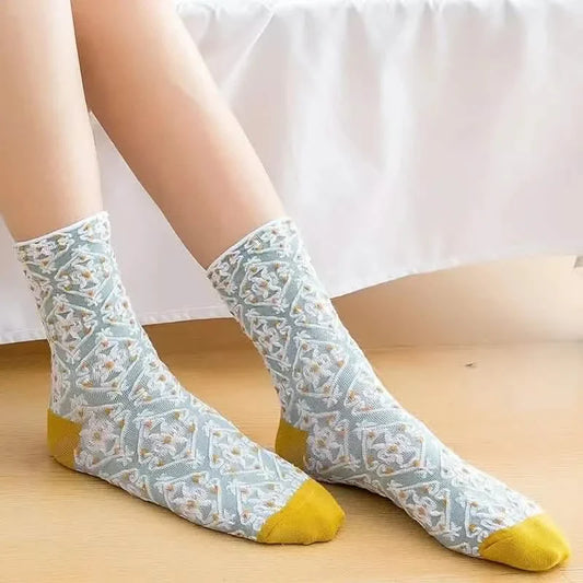 5-Pairs: Flower Geometric 3D Textured Ankle Cotton Blend Cottage Core Lucky Socks