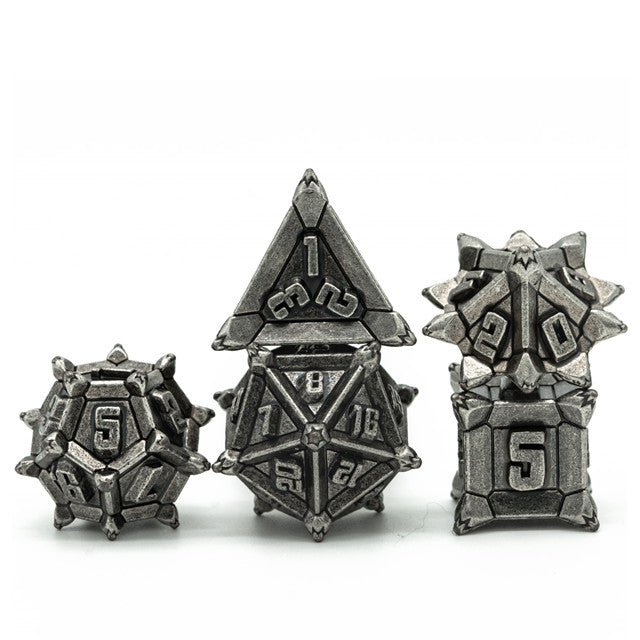 Vintage Silver Pinwheel Strengthened Metal 7-Dice Set | Metal DND Dice