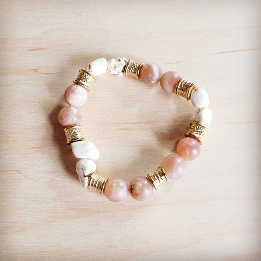 **Frosted Sunstone & White Turquoie Beaded Stretch Bracelet 811o