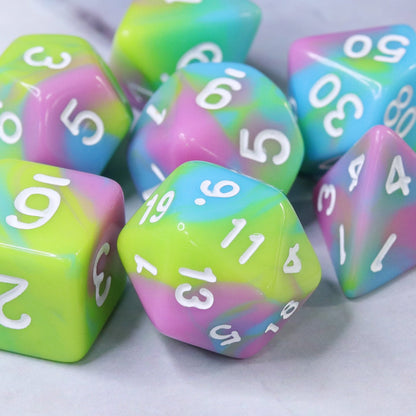 Childhood Pink/Blue/Green/Yellow Blend with White Numbering 7-Dice Set RPG