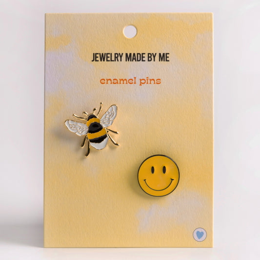 JMBM Kids Bumble Bee Pin & Happy Face Enamel Pin Duo