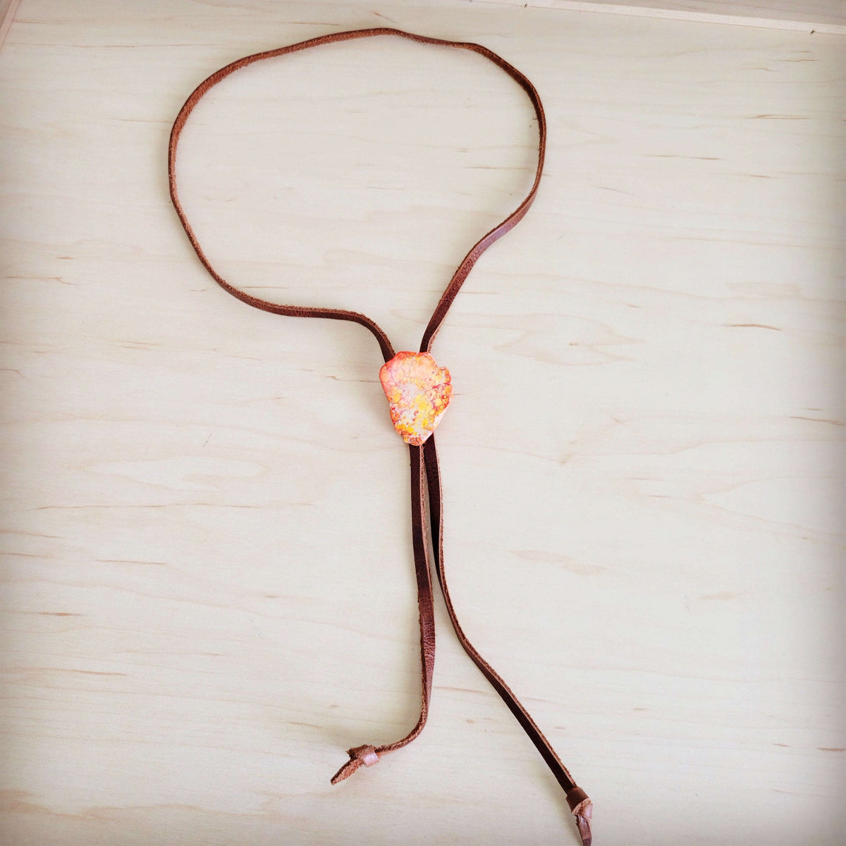 Leather Lariat Boho Necklace w/ Orange Regalite Slab Accent 264g Otarealm