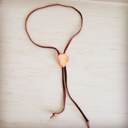 Leather Lariat Boho Necklace w/ Orange Regalite Slab Accent 264g Otarealm