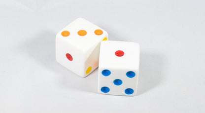 NEW 2 Jumbo 25mm 1 inch White Dice Pair RPG D6 Koplow Large Huge Rainbow Pips
