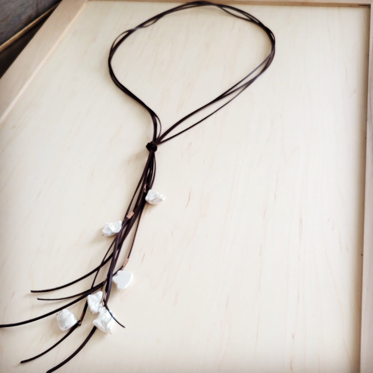 Dark Brown Boho Knotted Leather Cord Necklace w/ Pearls 263w