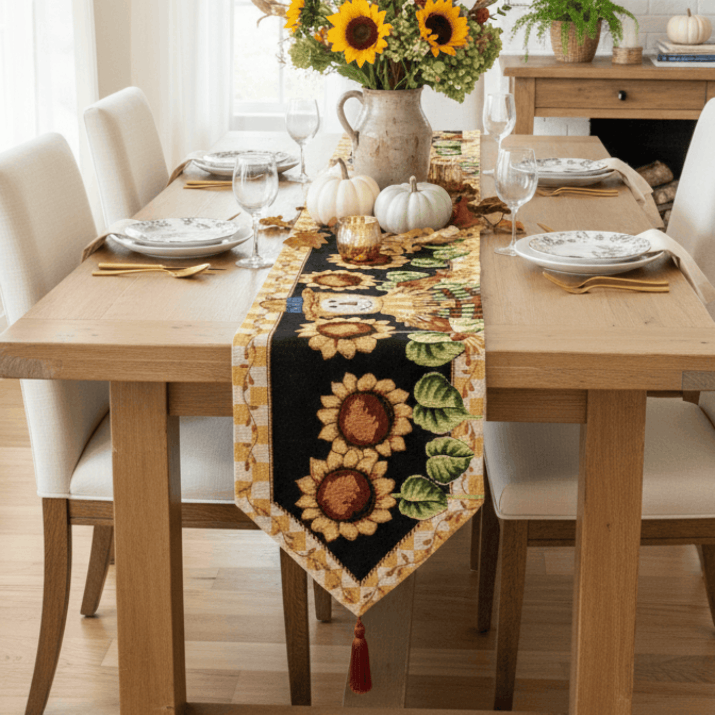 Tache Sunflower Field Scarecrow Autumn Harvest Woven Tapestry Table Runners (11712TR) Otarealm