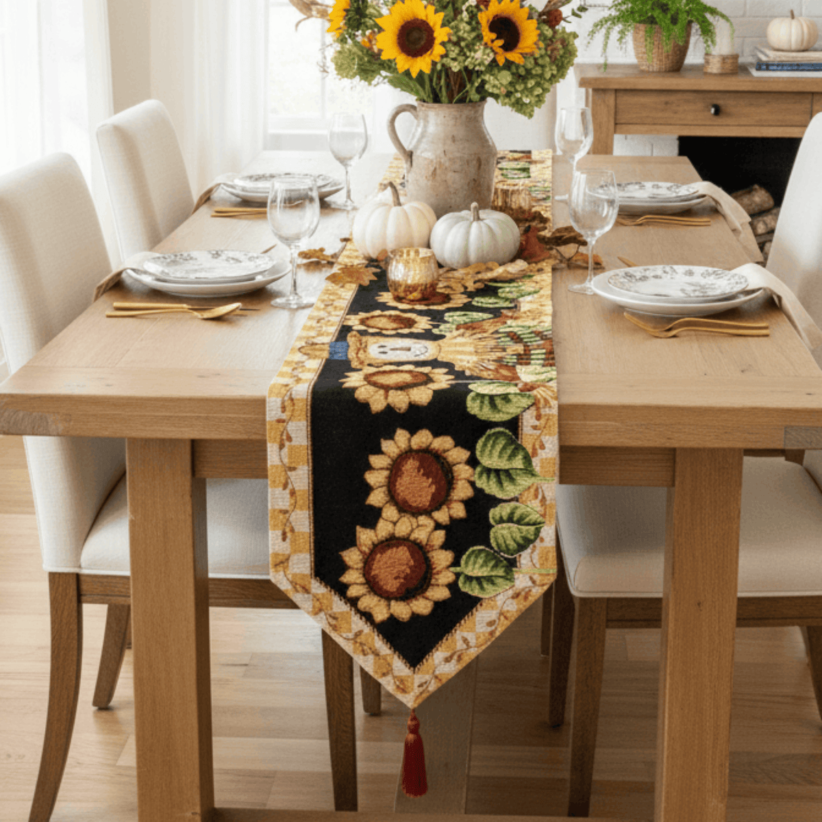 Tache Sunflower Field Scarecrow Autumn Harvest Woven Tapestry Table Runners (11712TR) Otarealm
